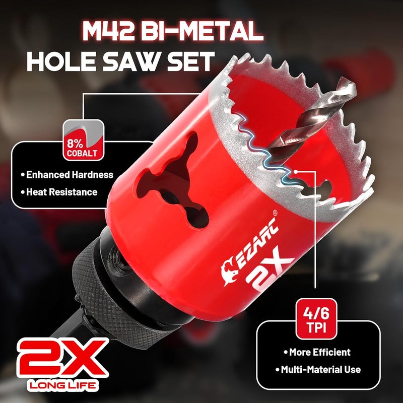 EZARC Hole Saw Kit, 16Pcs Bi-Metal Hole Saw Set with 3/4"-2-1/2"(19-64mm), Mandrels, Drill Bits, Installation Plate, Hex Key with Storage Case, Ideal for Wood, Metal, Plywood, PVC Board - Image 2